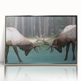 Mid-century modernist art depicting Alberta scenery in muted earth tones on a silver-framed acrylic print.