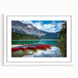 Abstract art print of British Columbia scenery in muted green and blue, white-framed with mat.