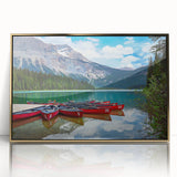 Large acrylic print of a serene British Columbia landscape in muted earth tones, framed in gold.