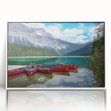 Art deco poster featuring a serene British Columbia landscape in muted green and blue tones, acrylic print in white frame.