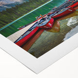 Art deco poster of British Columbia scenery on rolled canvas, featuring muted earth tones, ideal for dining room wall art.