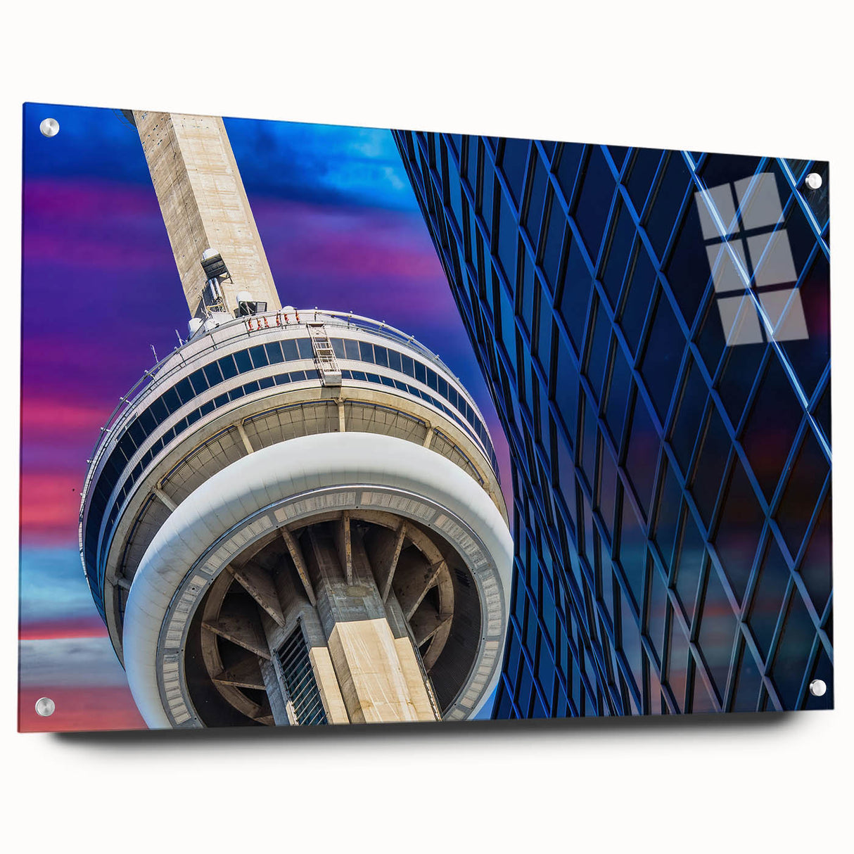 Acrylic print of a large abstract depiction of Ontario, Canada, in cool blue tones.