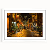 Abstract art print of Quebec scenery in muted blue and green tones on a white-framed canvas, suitable for dining room decor.