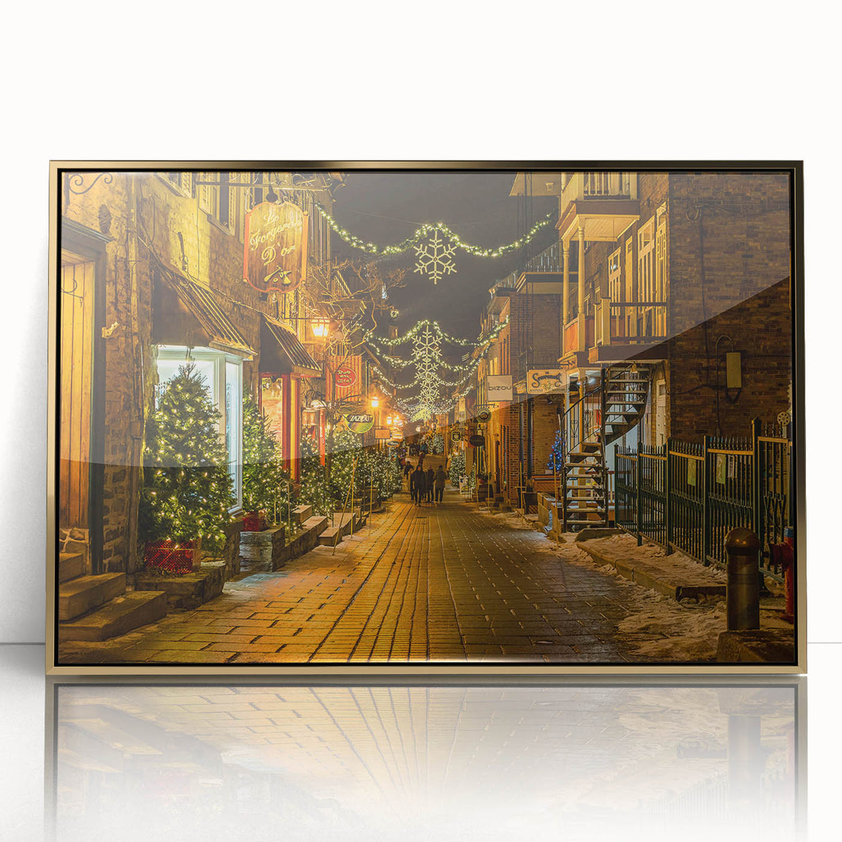 Large art print of Quebec scenery in mid-century modernist style, acrylic on canvas with gold frame.