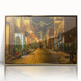 Large art print of Quebec scenery in mid-century modernist style, acrylic on canvas with gold frame.