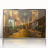 Mid-century modernist art depicting a serene Quebec landscape in muted colors, silver-framed acrylic print.