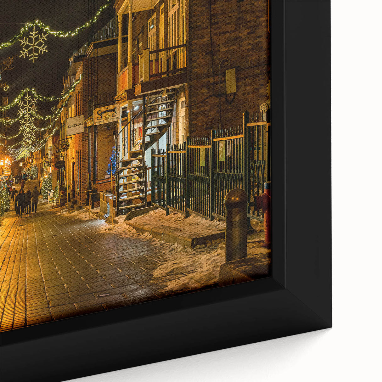 Extra large framed canvas featuring a textured depiction of Quebec scenery in black with colorful art accents.