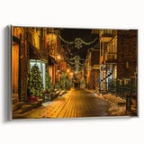 Landscape art painting of Quebec scenery on framed canvas, featuring vintage poster style with colorful and black elements.