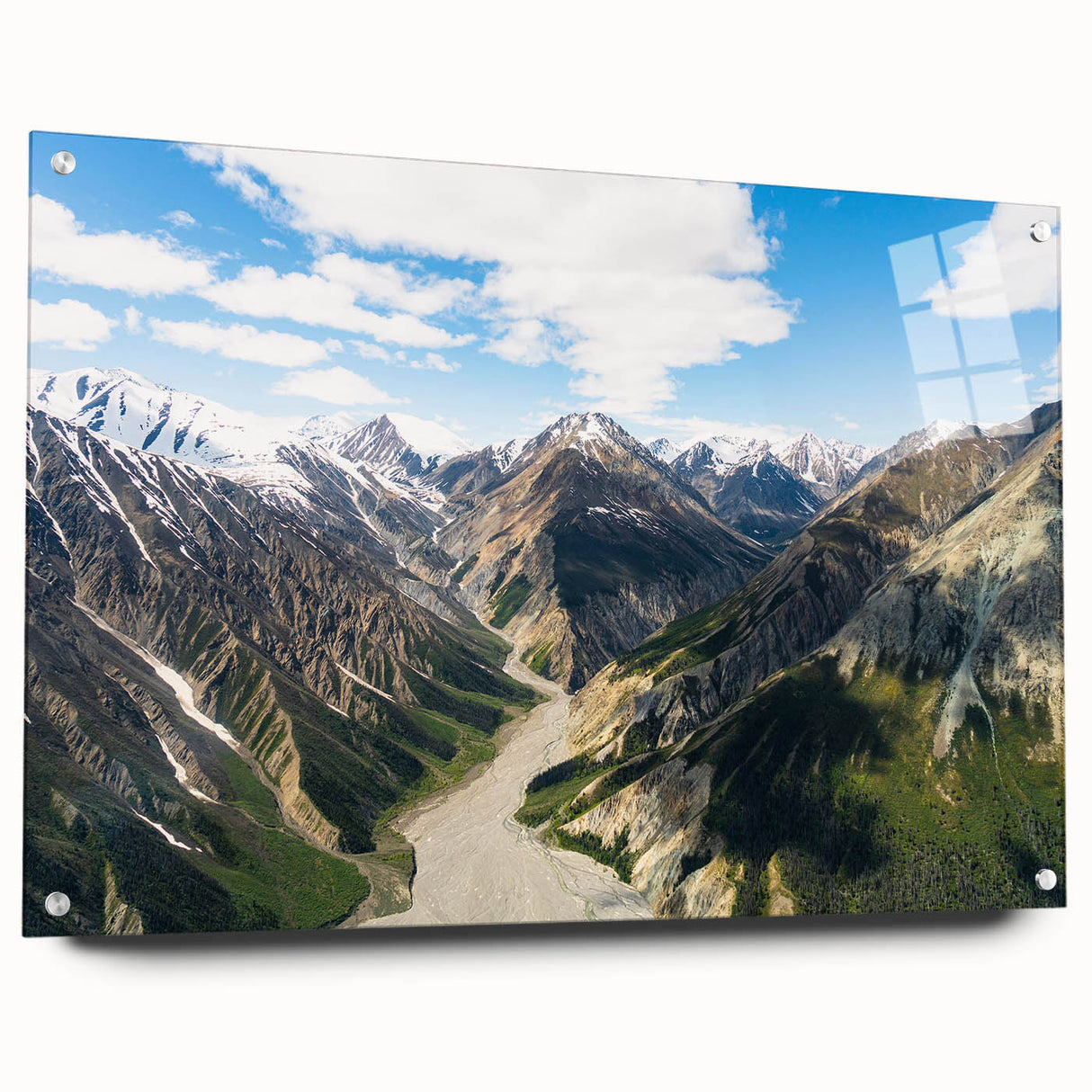 Acrylic print of a Yukon landscape with vivid green and blue tones, ideal for bedroom or dining room decor.
