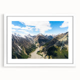 Abstract art print of Yukon scenery in muted earth tones, framed with a white mat, suitable for bedroom or dining room decor.