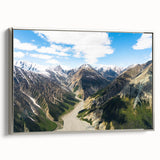 Framed canvas featuring a vintage-style landscape art painting of the Yukon, with vibrant colors against a black background.