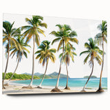 Large abstract wall art depicting Caribbean scenery in vibrant blue and green tones on acrylic glass.