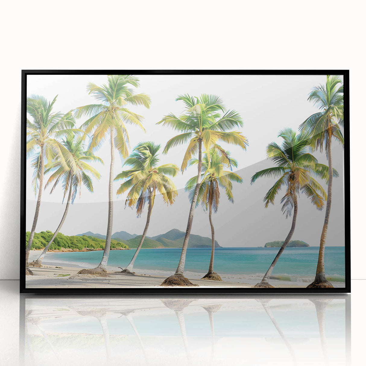 Large abstract wall art depicting a Caribbean scenery in muted blue and green tones on framed acrylic.