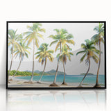 Large abstract wall art depicting a Caribbean scenery in muted blue and green tones on framed acrylic.