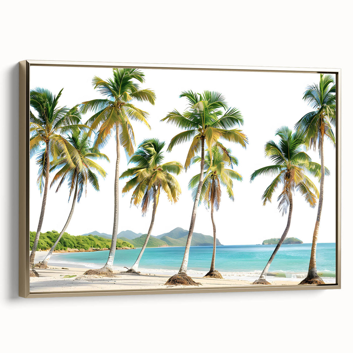 Vintage poster art of a Caribbean landscape on framed canvas, featuring vibrant colors and gold accents.