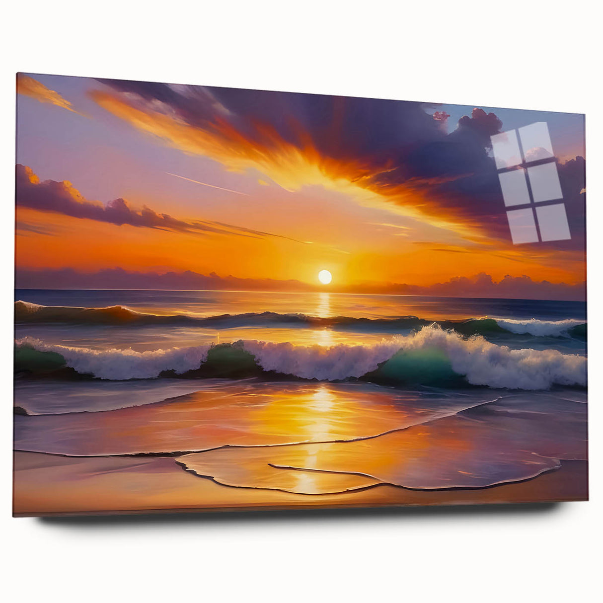 Large abstract wall art of Caribbean scenery on acrylic glass, in vibrant blue and green tones.