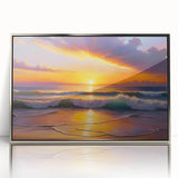 Acrylic print of a Caribbean beach scene in pastel shades, framed in silver, suitable for modern art wall decor.
