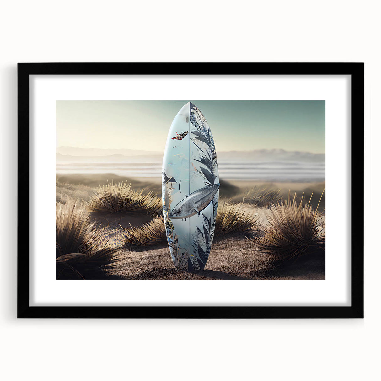 Extra large abstract art print featuring vibrant Caribbean scenery in a black frame, ideal for living room decor.