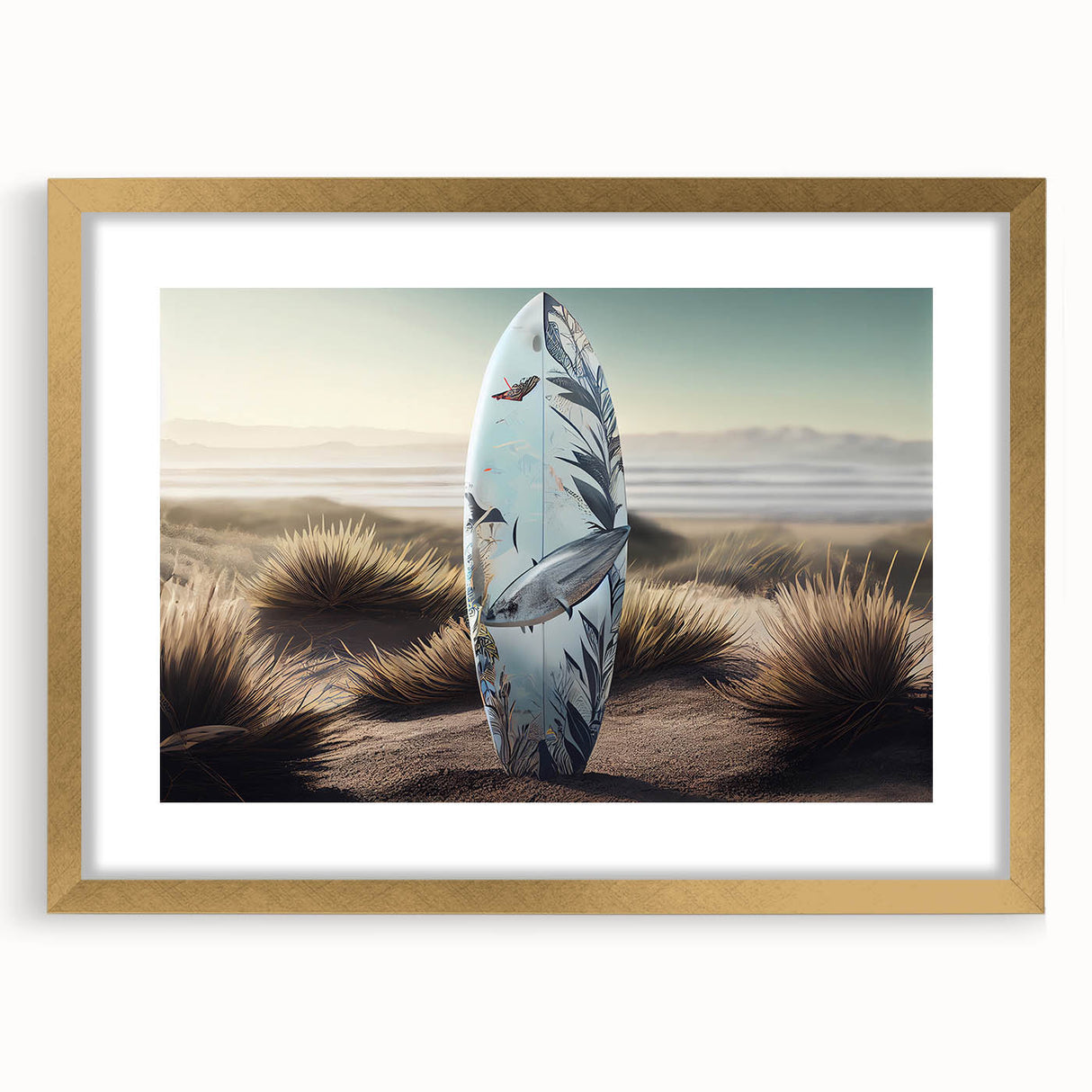 Abstract art print of a Caribbean scenery in muted blue and green tones on a framed canvas, suitable for dining room decor.