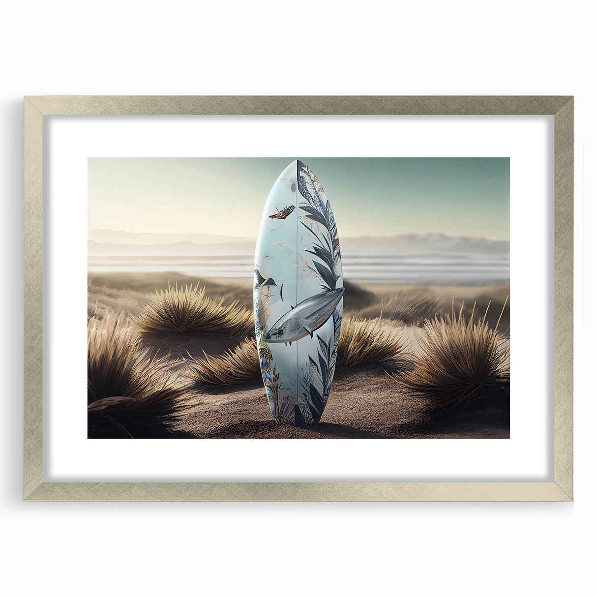 Extra large abstract art print of a Caribbean scenery in muted blue and green tones, framed in silver.
