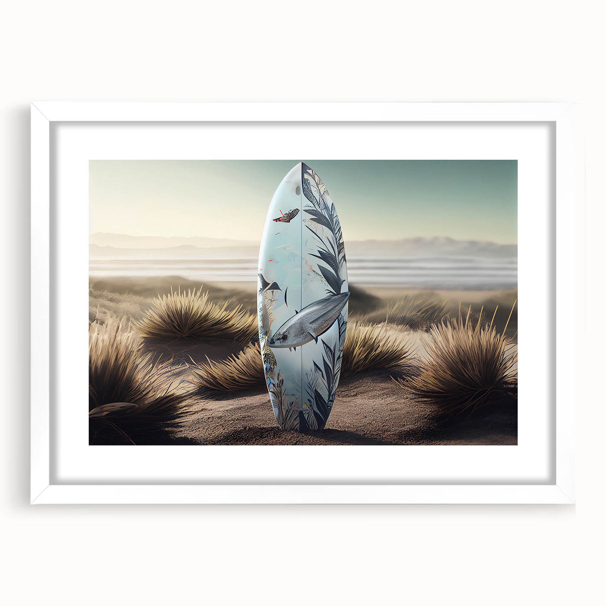 Textured abstract art print depicting a Caribbean scenery in muted blue and green tones on a framed white mat.