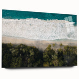 Large abstract wall art of Caribbean scenery in vibrant blue and green tones on acrylic glass.