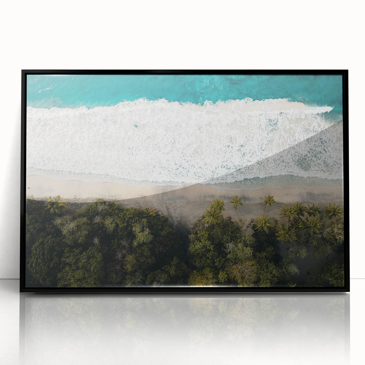 Large abstract wall art of Caribbean Martinique scenery in muted blue and green tones on framed acrylic.