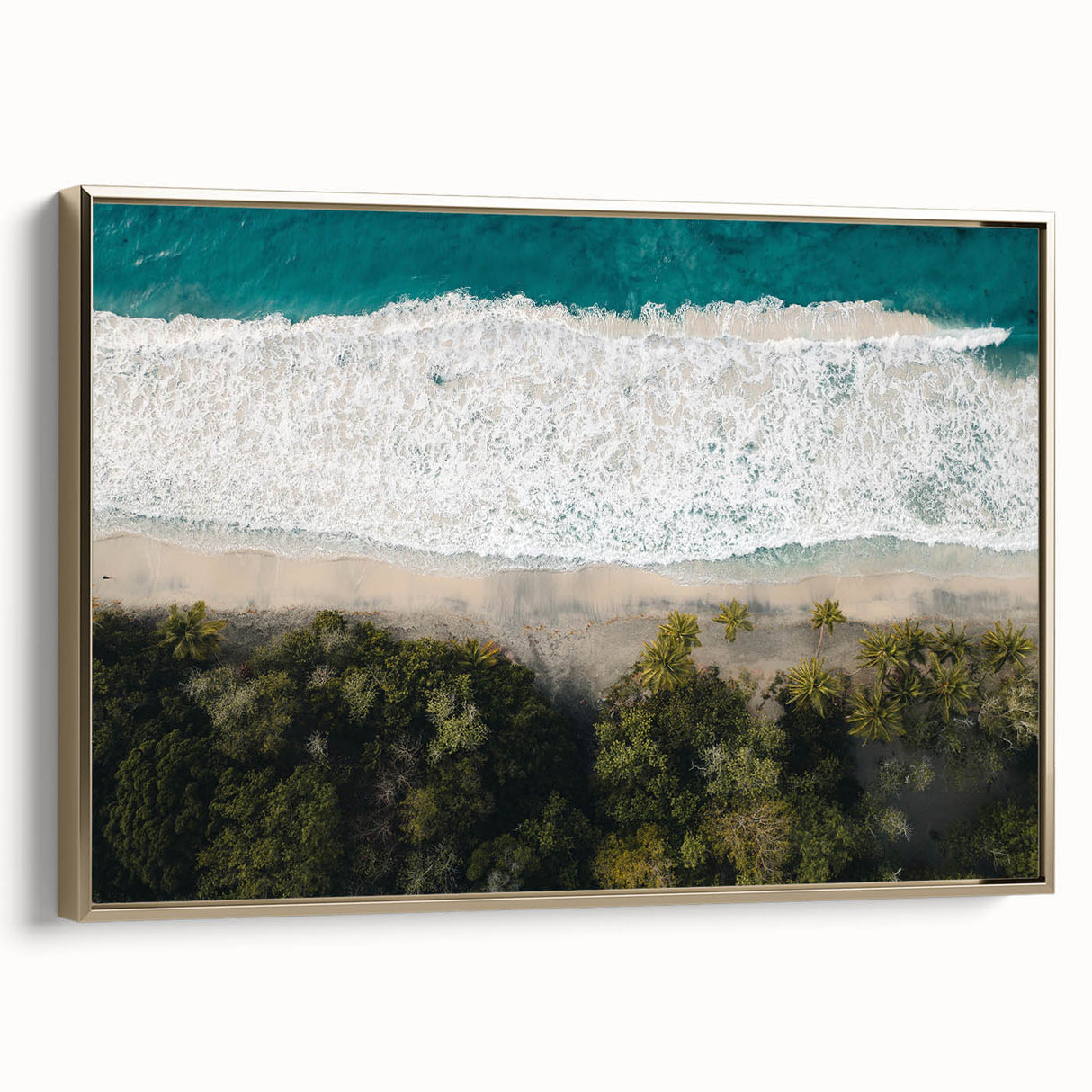 Vintage poster art of Caribbean Martinique scenery on framed canvas with gold highlights, ideal for living room decor.
