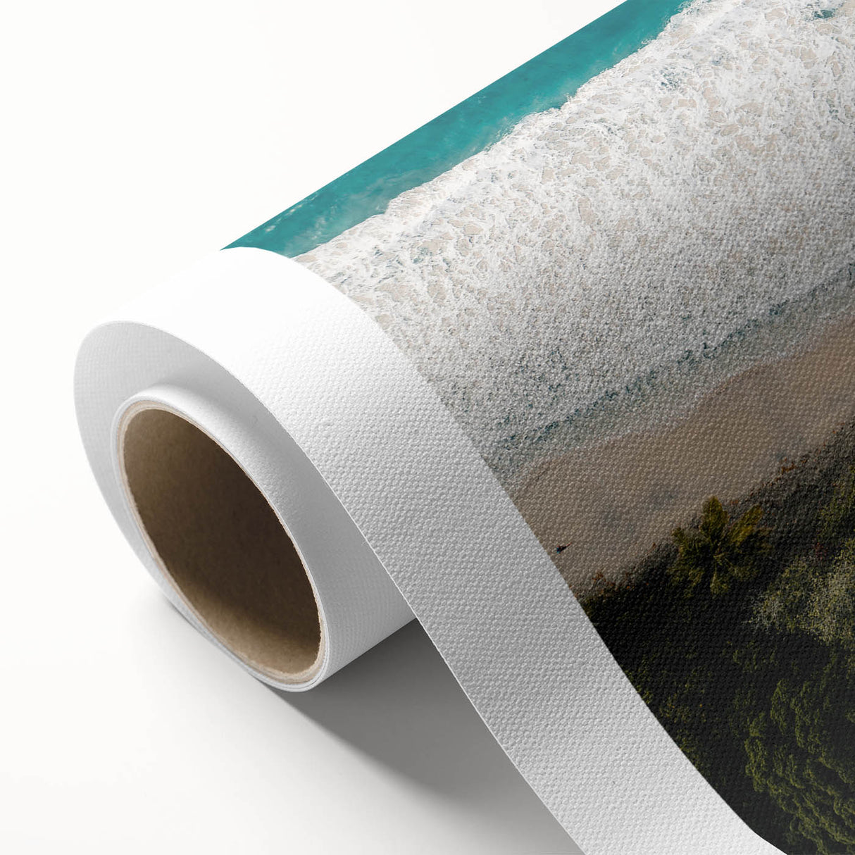 Art Deco style poster of Caribbean scenery on rolled canvas, featuring vibrant blue and green tones.