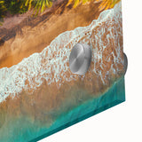 Large abstract wall art depicting a Caribbean scenery on acrylic glass, in vibrant blue and green tones.