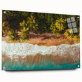 Large abstract wall art of a Caribbean scenery on acrylic glass, featuring vibrant blue and green tones.