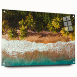 Large abstract wall art of a Caribbean scenery on acrylic glass, featuring vibrant blue and green tones.