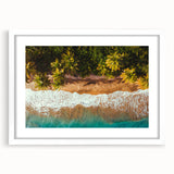 Textured abstract art print depicting a Caribbean scene in vibrant blue and green hues on a white framed mat.