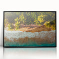 Large abstract wall art featuring a Caribbean landscape in muted blue and green tones on a framed acrylic.