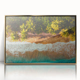 Art deco poster of a Caribbean scenery in Puerto Rico with vibrant blue and green tones, framed in gold acrylic.