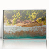 Mid-century modernist art depicting a serene Puerto Rican landscape in soft pastel shades on a framed acrylic panel.