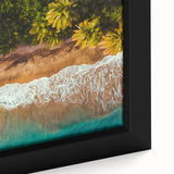 Extra large framed canvas featuring a textured depiction of a Caribbean scenery in vibrant, colorful art.