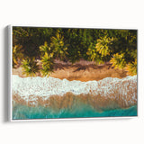 Vintage poster art of a colorful Caribbean scenery on extra large framed canvas, ideal for living room decor.