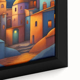 Extra large black framed canvas featuring a textured, colorful Central American scenery, ideal for living room decor.