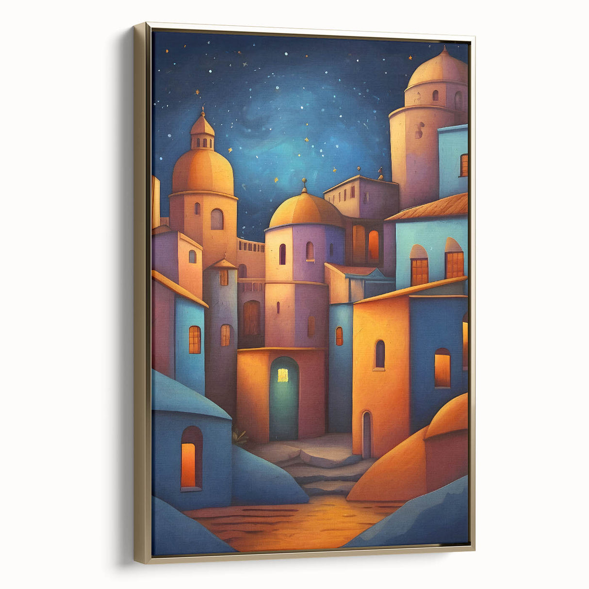 Framed canvas featuring a vintage-style landscape painting of El Salvador with gold and black tones.
