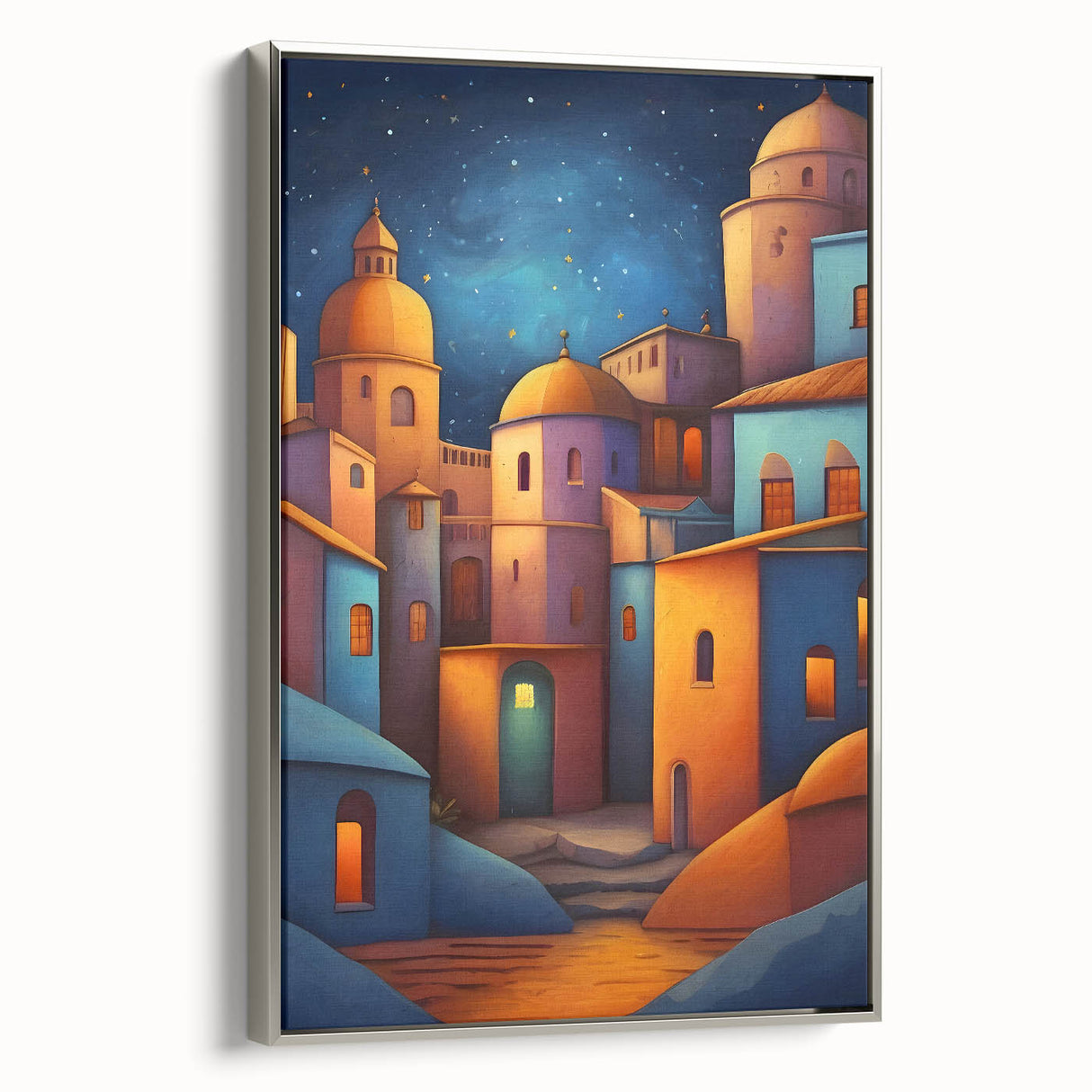 Framed canvas of a vintage-style landscape painting depicting El Salvador scenery in colorful hues.