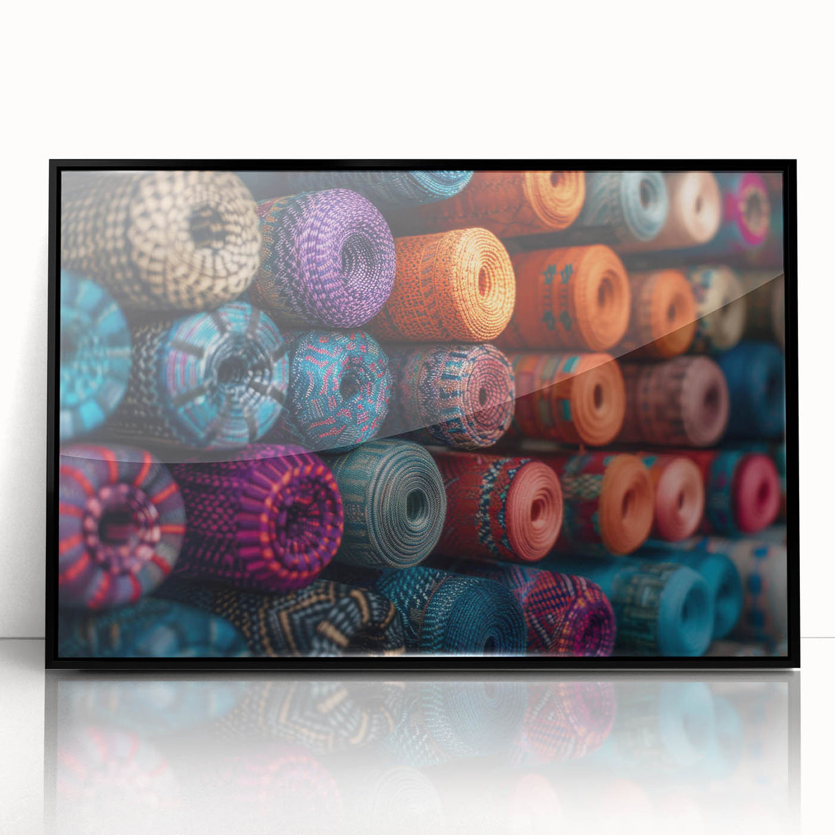 Large abstract wall art depicting a vibrant Guatemalan landscape, in mid-century modernist style on a black framed acrylic.