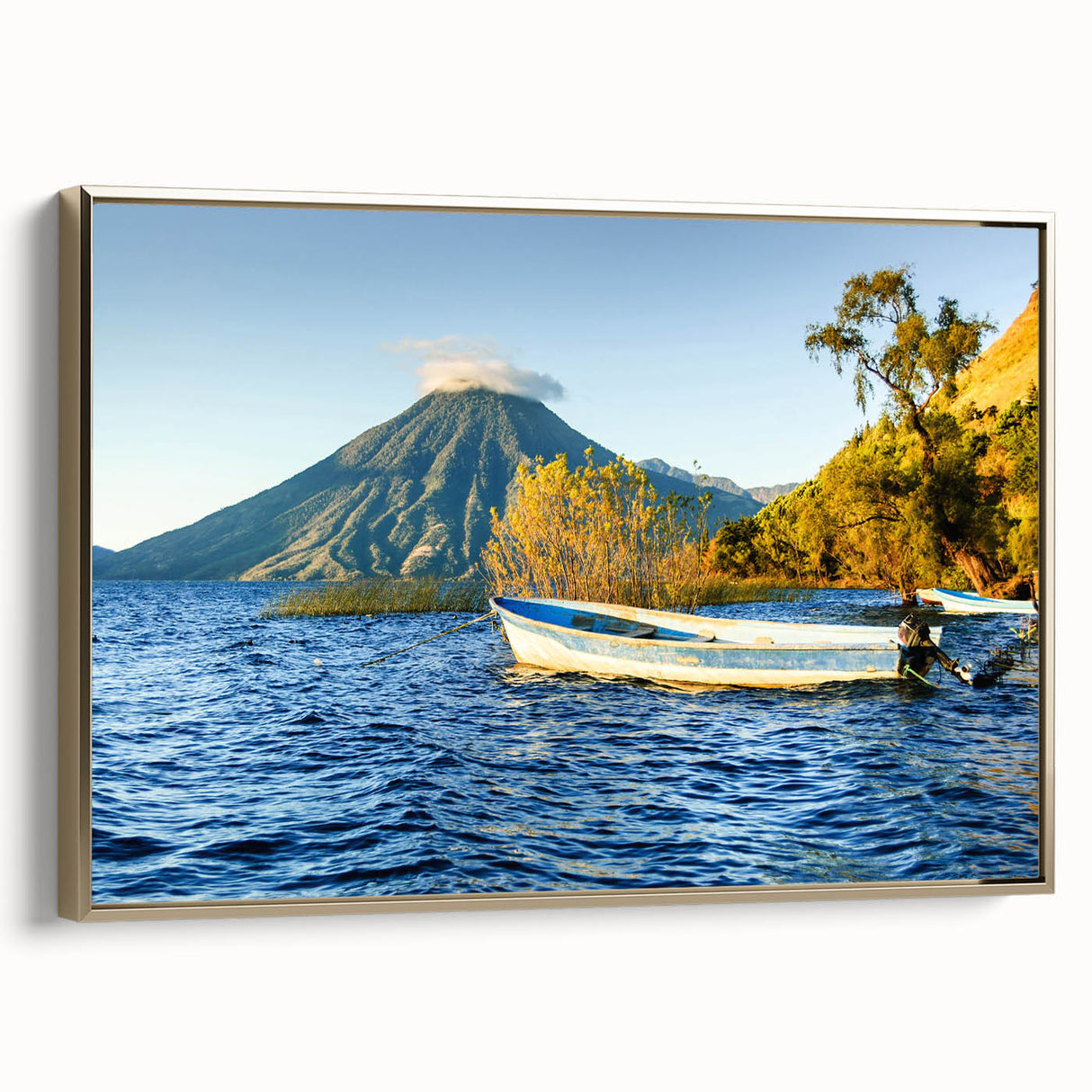 Framed canvas featuring a vintage-style landscape painting of Nicaragua with black and gold tones.
