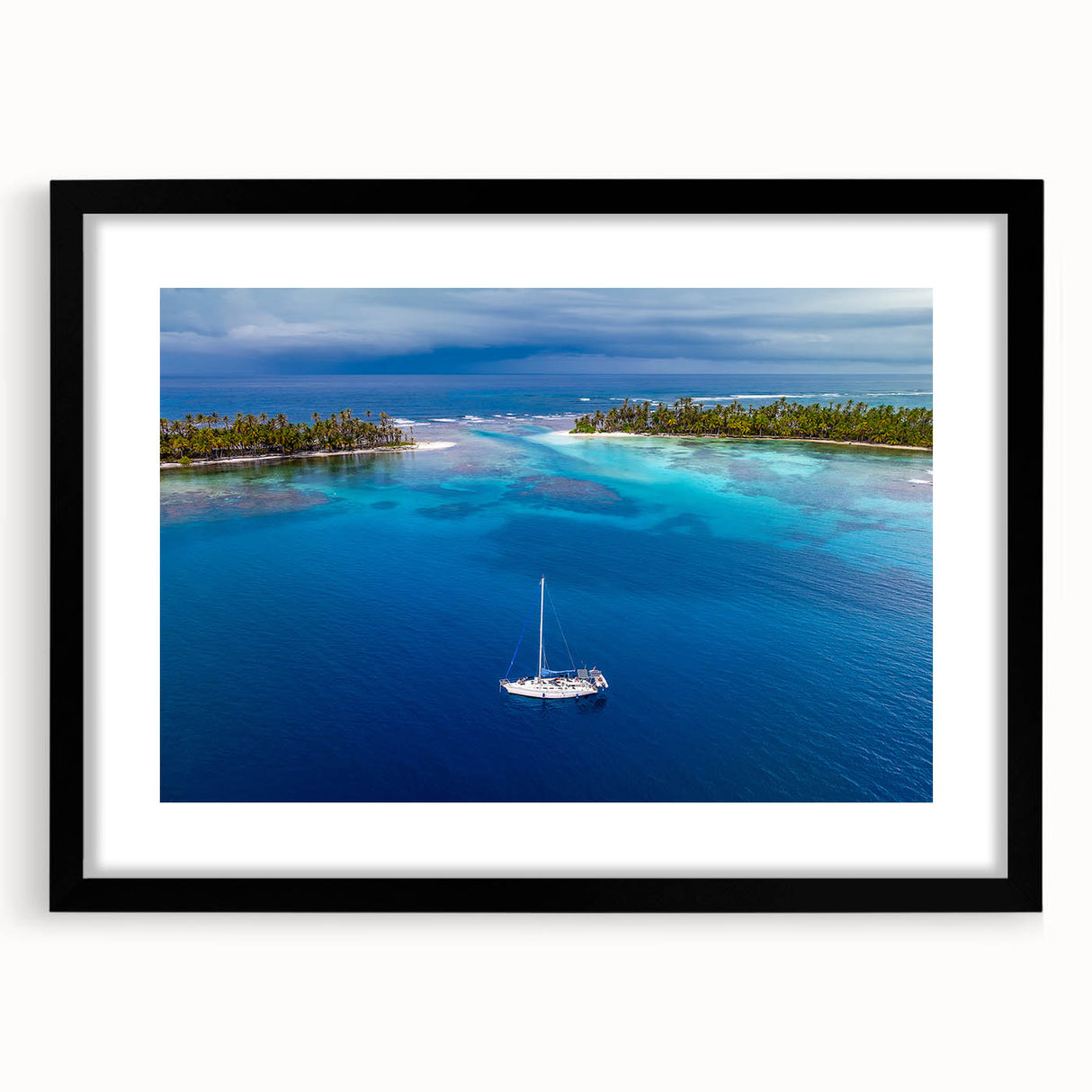 Abstract art print of Central American scenery in vibrant colors on a textured, extra large canvas, framed in black.