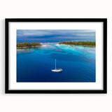 Abstract art print of Central American scenery in vibrant colors on a textured, extra large canvas, framed in black.