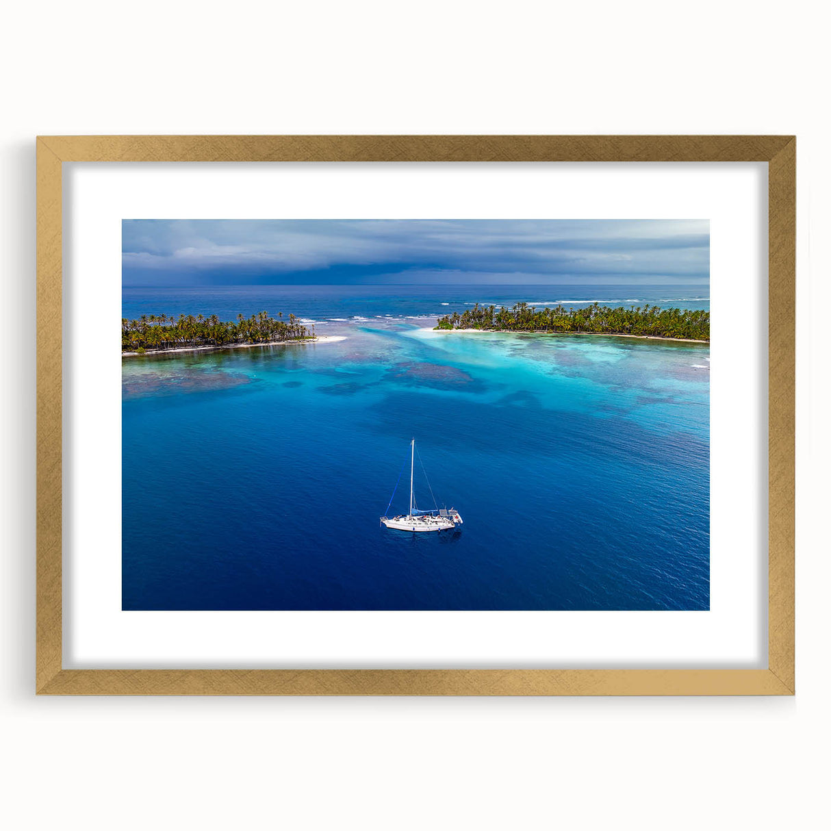Extra large abstract art print featuring textured scenery of Central America, in gold frame, suited for living room decor.
