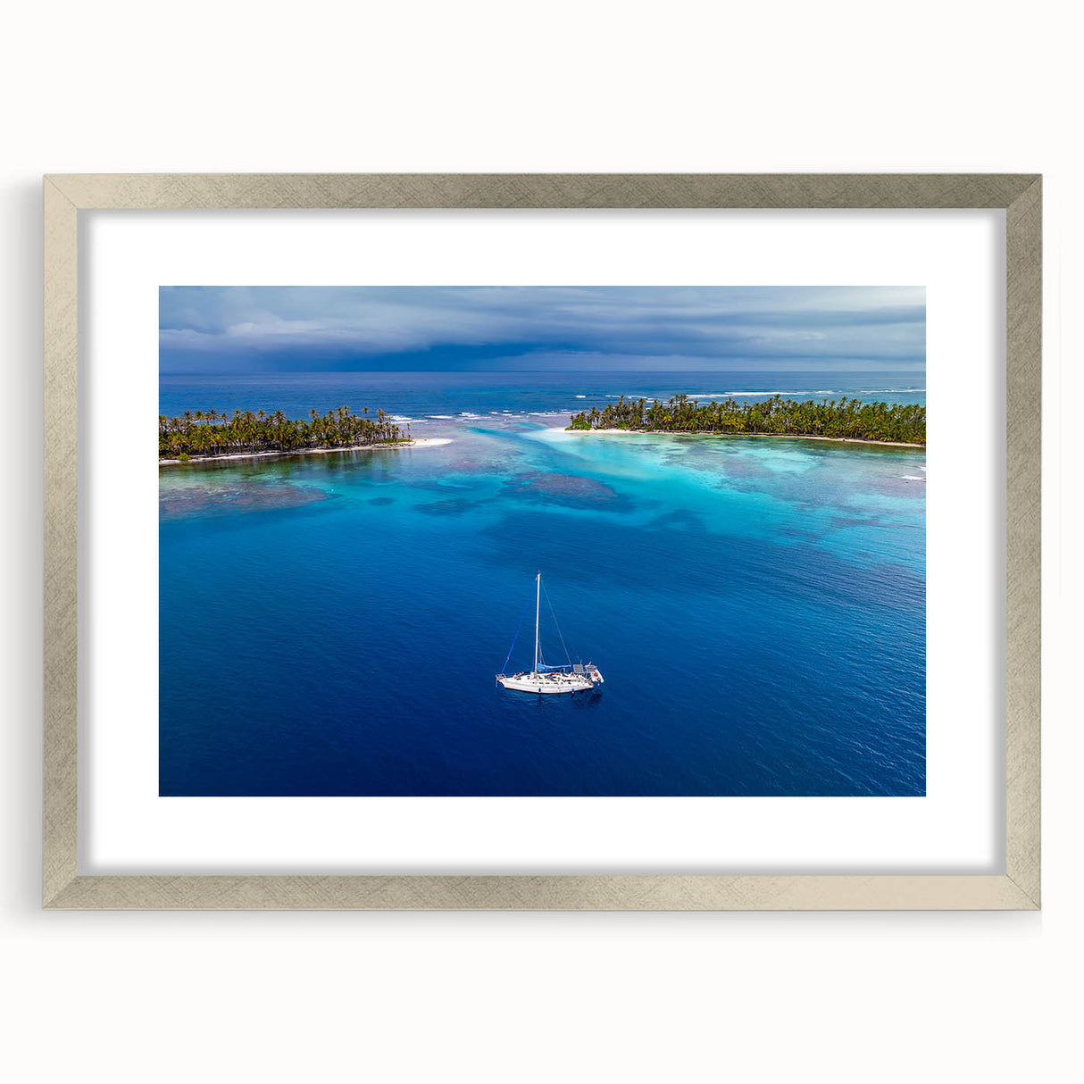 Textured abstract art print depicting a serene Central American landscape in muted earth tones, framed in silver.