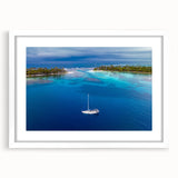Abstract art print featuring a stylized Central America scenery in muted earth tones, framed in white.