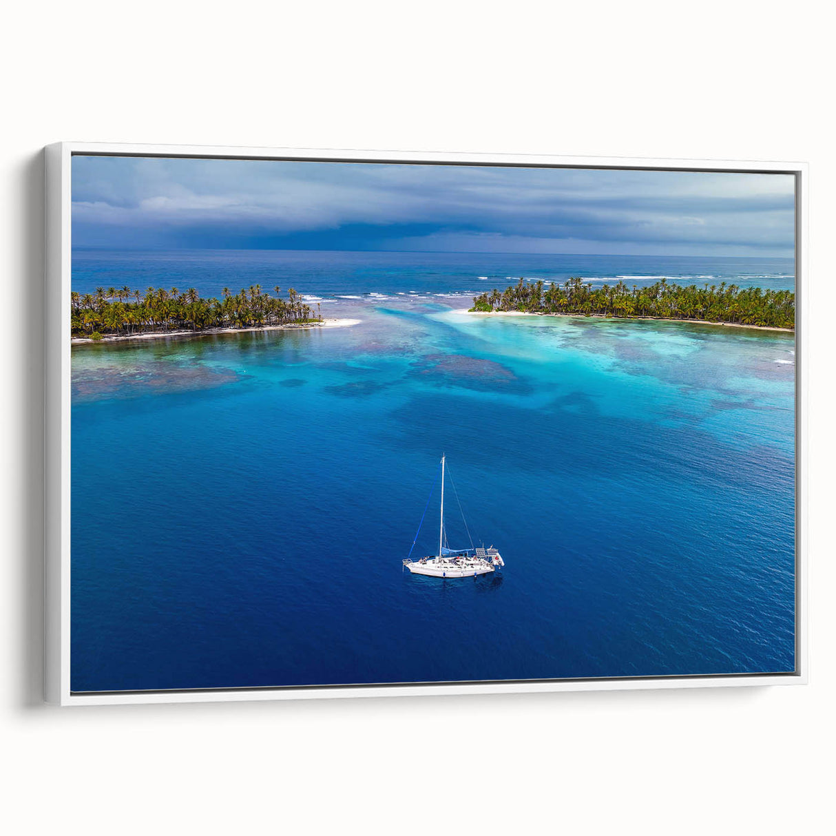 Vintage poster art of a Central American scenery, featuring colorful art on a white framed canvas.