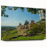 Large abstract wall art of a European Albanian scenery in muted earth tones on acrylic glass.